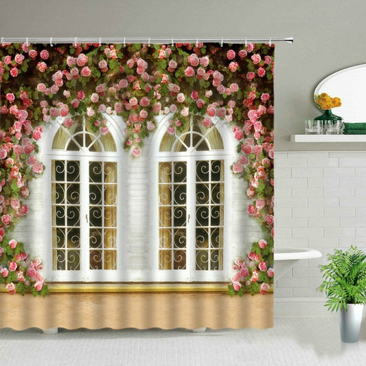 White Double Window With Roses Shower Curtain - Clover Online