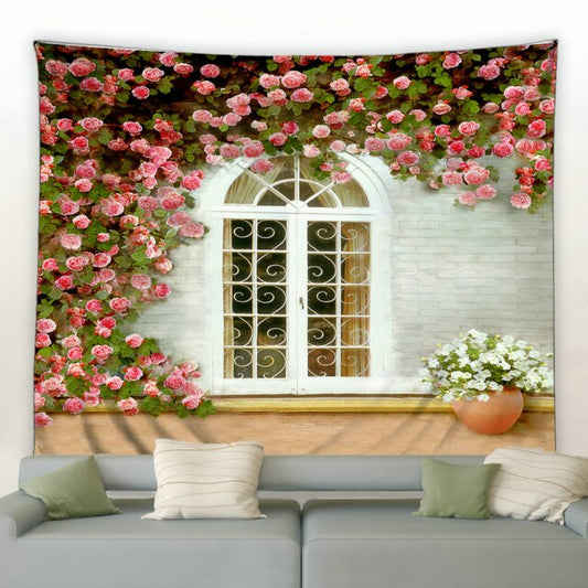 Single White Window With Pink Roses Garden Tapestry - Clover Online