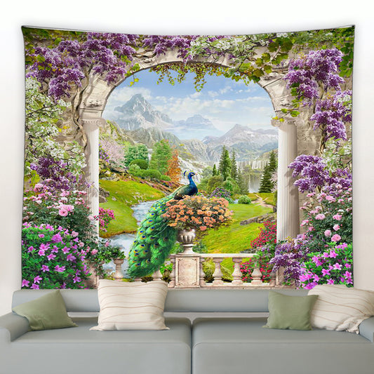 Archway To Mountains With Peacock Garden Tapestry - Clover Online