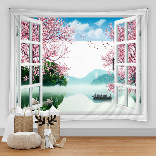 Window To Calm Lake And Blossoms Garden Tapestry - Clover Online