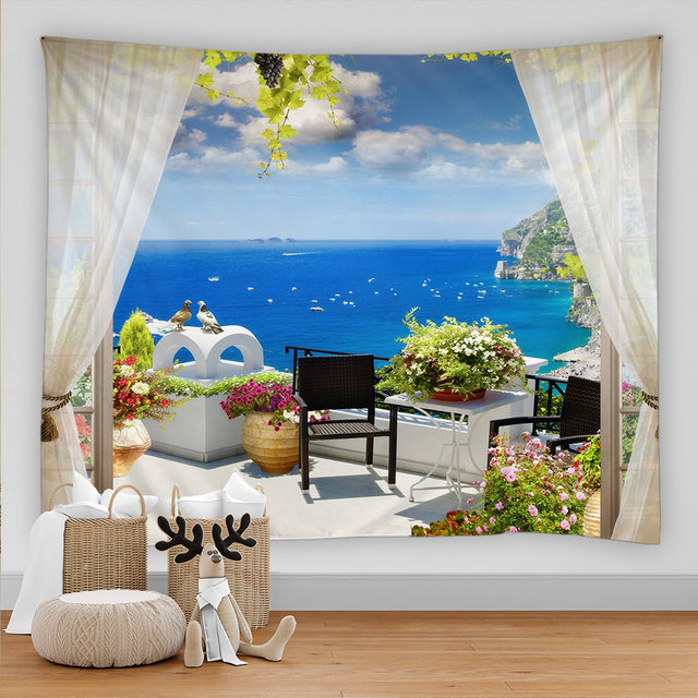 Greek Balcony With Sea View Garden Tapestry – Clover Online