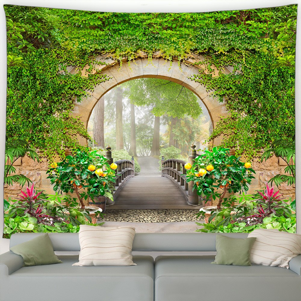 Arch With Wooden Bridge Garden Tapestry