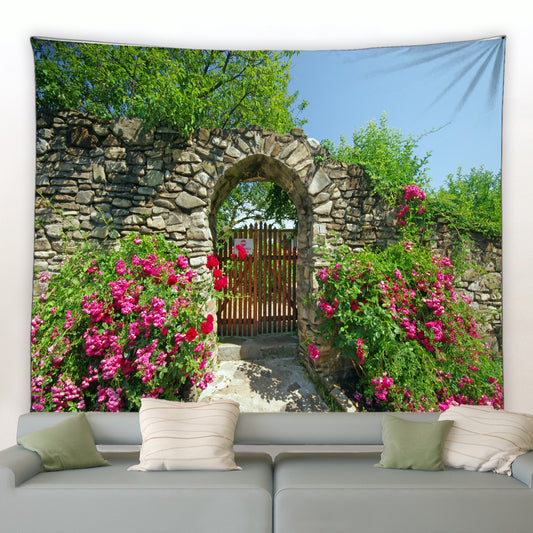 Stone Wall Archway With Wooden Gate Garden Tapestry - Clover Online