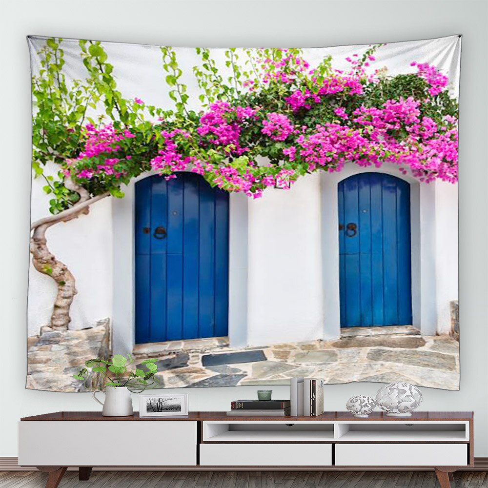 White Building With Blue Doors And Flowers Garden Tapestry - Clover Online