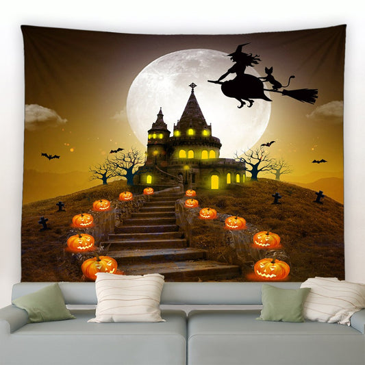 Flying Witch And House Halloween Garden Tapestry - Clover Online