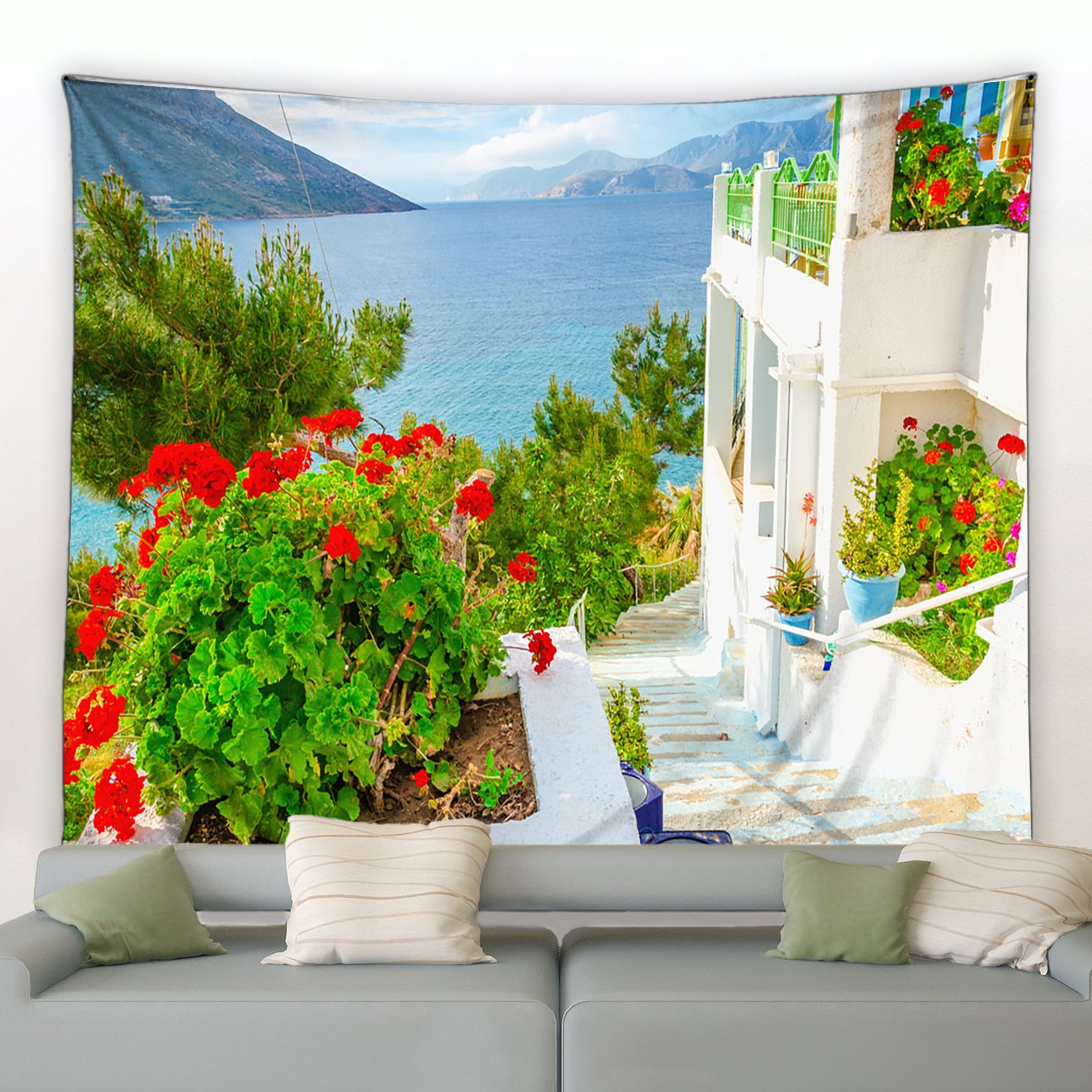 White Cliffside Villa Garden Tapestry - Clover Online