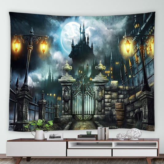 Spooky Halloween Mansion With Gates Garden Tapestry - Clover Online
