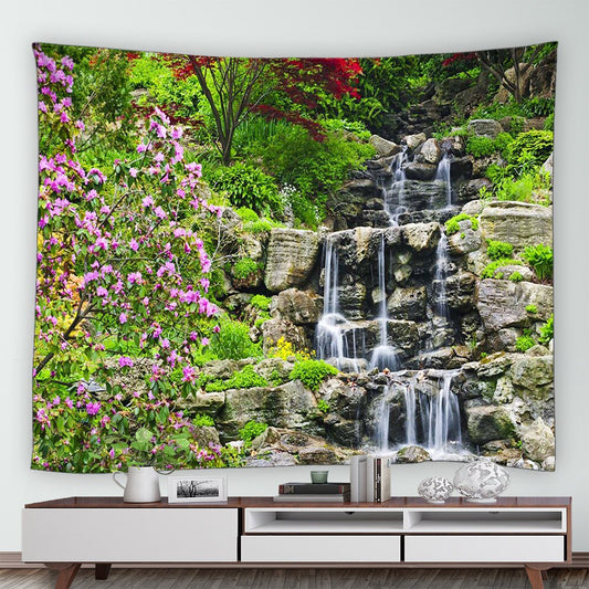 Trickling Waterfall With Flowers Garden Tapestry - Clover Online
