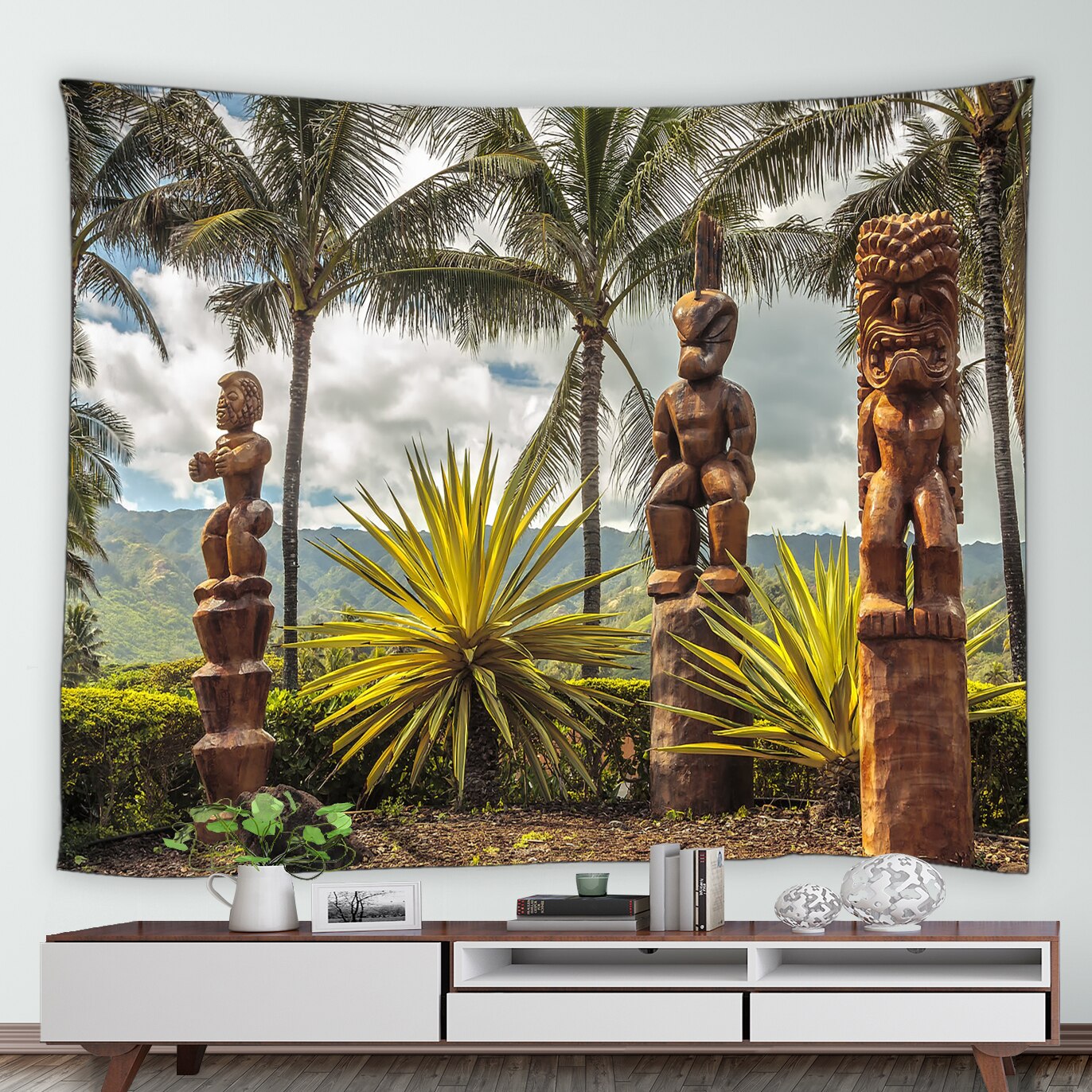 Tropical Balcony With Tiki Statues Garden Tapestry - Clover Online