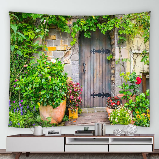 Rustic Wooden Door With Green Leaves Garden Tapestry - Clover Online