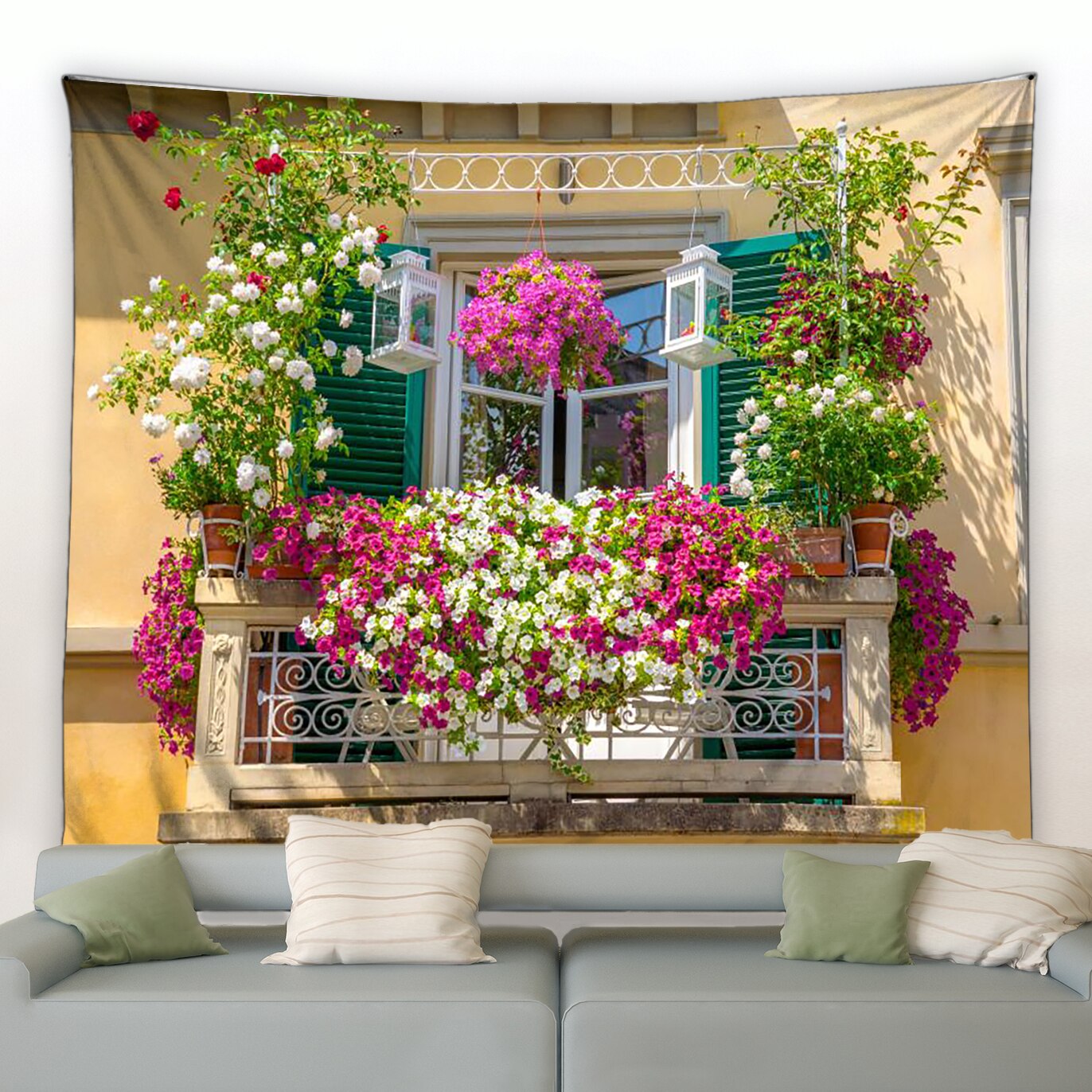 Yellow Building With Balcony And Flowers Garden Tapestry - Clover Online