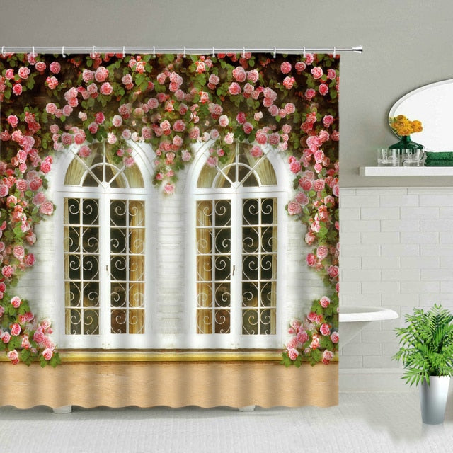 White Double Window With Roses Shower Curtain - Clover Online