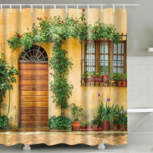 Yellow Building With Climbing Flowers Shower Curtain - Clover Online