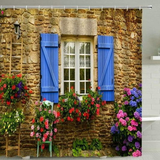 French Style Building With Blue Shutters Shower Curtain - Clover Online