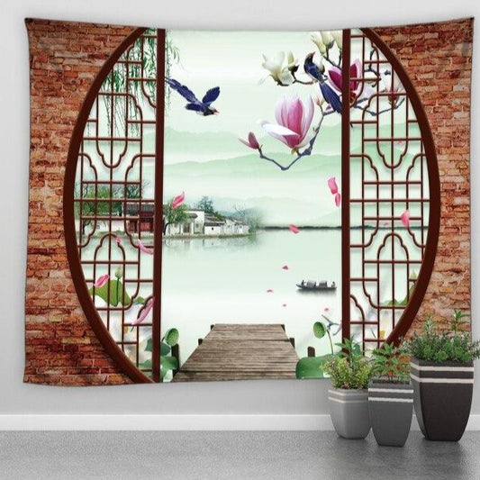 Chinese Moongate With Brick and Trellis Garden Tapestry - Clover Online