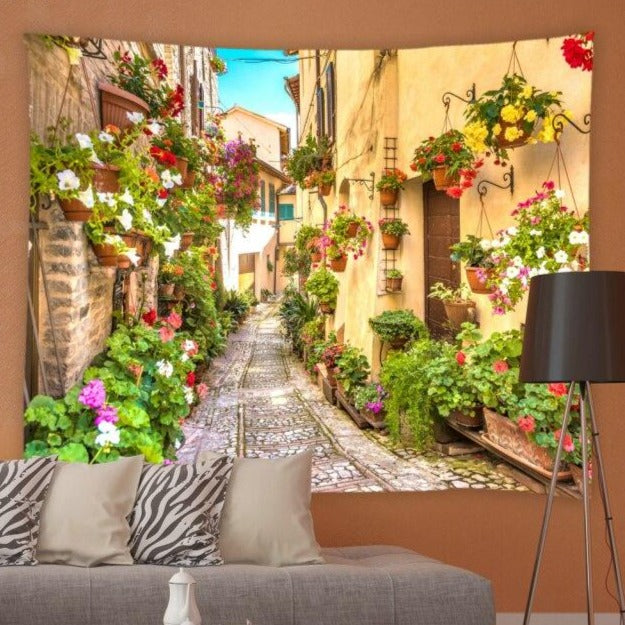 Cobbled Street With Flowers Garden Tapestry - Clover Online