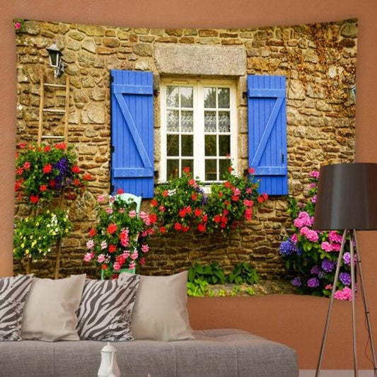 French Style Building With Blue Shutters Garden Tapestry - Clover Online