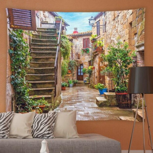 Mediterranean Cobbled Street With Stairway Garden Tapestry - Clover Online