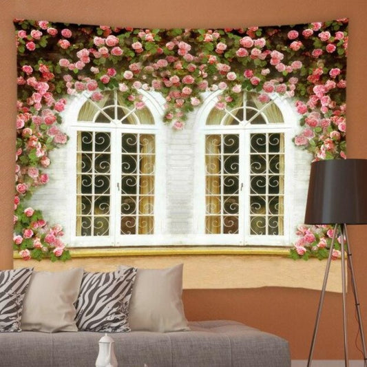 Double White Window With Pink Roses Garden Tapestry - Clover Online