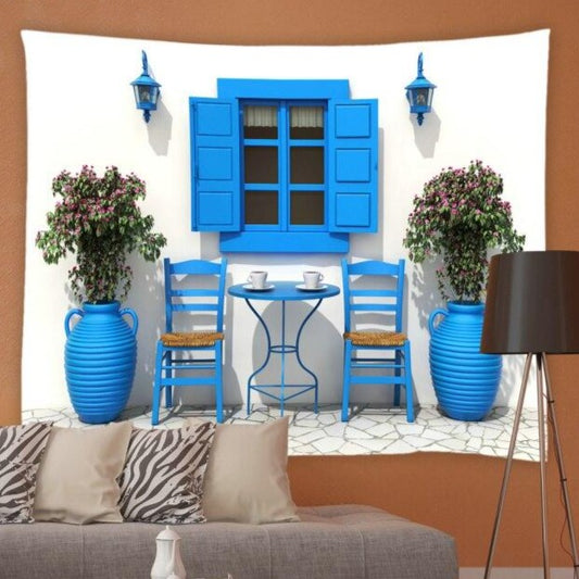 Greek Style Building with Blue Windows and Table Garden Tapestry - Clover Online