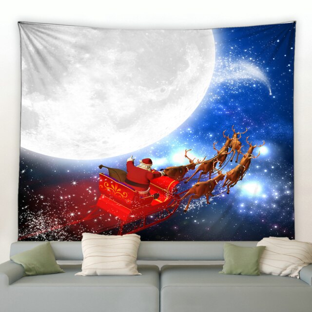Santa Flying Sleigh Around Moon Garden Tapestry - Clover Online