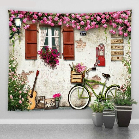 Building With Bike And Guitar Garden Tapestry - Clover Online