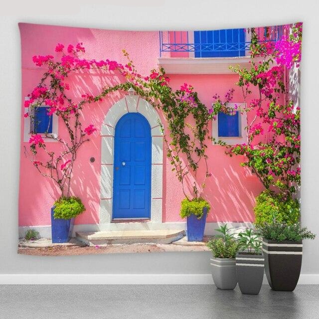 Pink Building With Blue Door Garden Tapestry - Clover Online