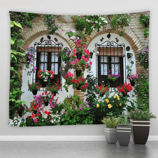 Double Window With Climbing Flowers Garden Tapestry - Clover Online