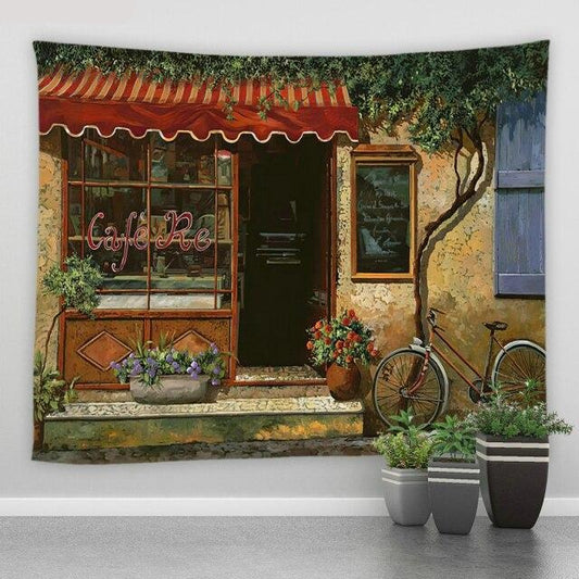 French Café Building Garden Tapestry - Clover Online
