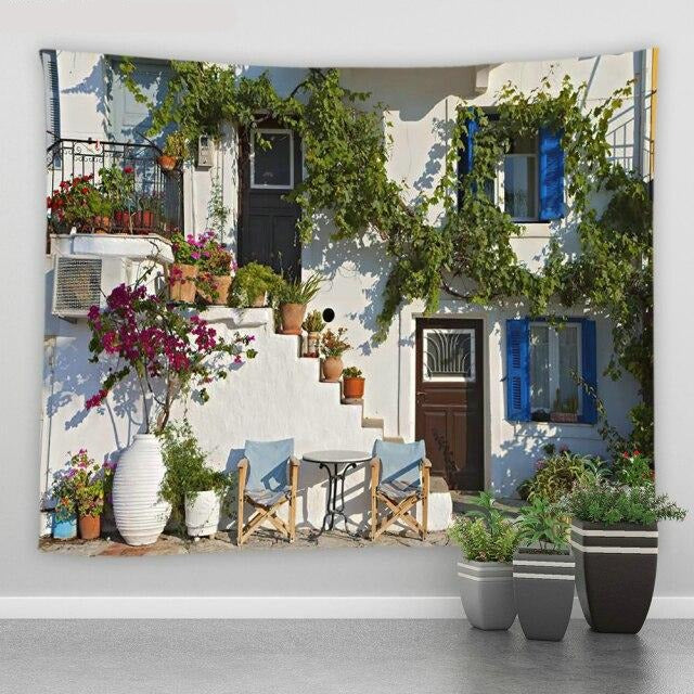 White Building With Windows Garden Tapestry - Clover Online