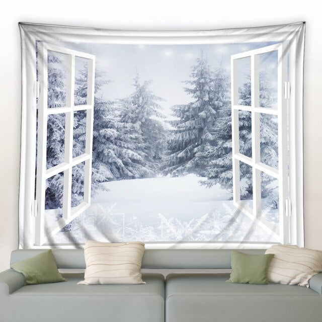 Winter Forest Window View Garden Tapestry - Clover Online