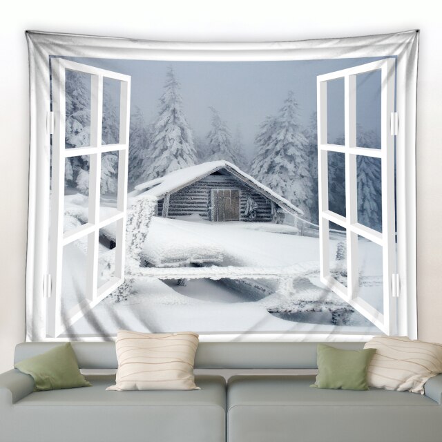 Winter Cabin Window View Garden Tapestry - Clover Online