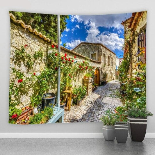Cobbled Street With Climbing Roses Garden Tapestry - Clover Online