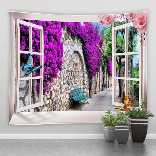Window to Cobbled Wall Garden Tapestry - Clover Online
