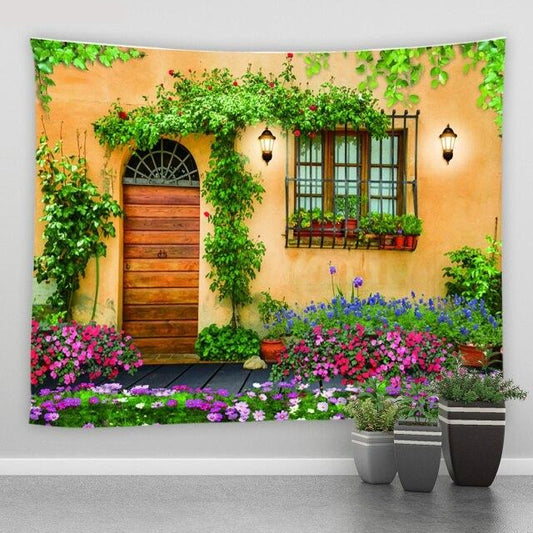 Yellow Building With Climbing Flowers Garden Tapestry - Clover Online