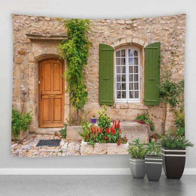 Wooden Door And Green Shutters Garden Tapestry - Clover Online