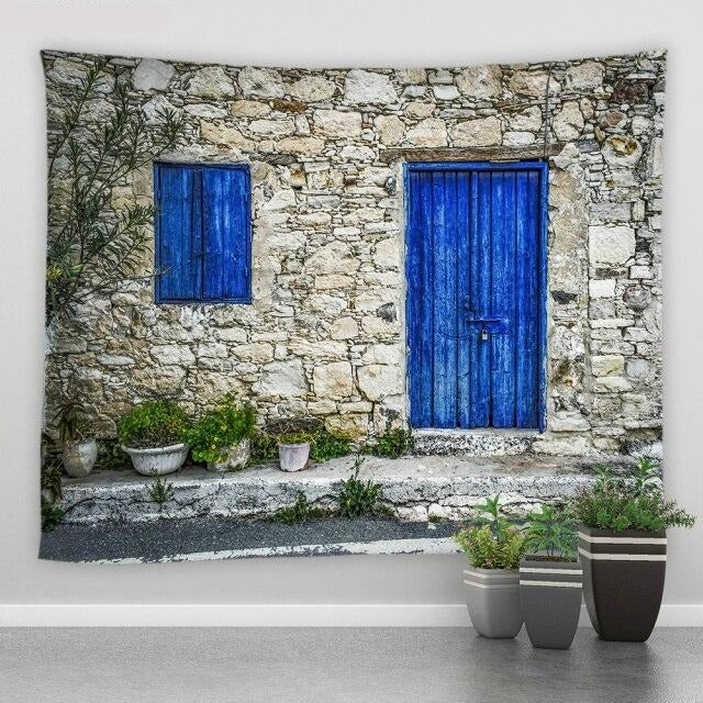Stone Wall Blue Door Garden Tapestry - Clover Online