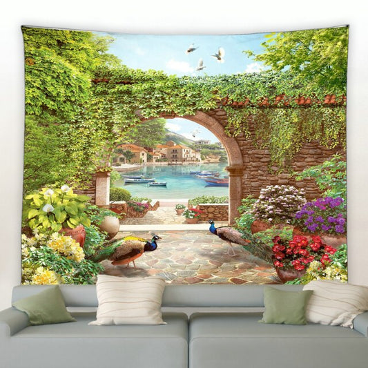 Sea View With Peacocks Garden Tapestry - Clover Online