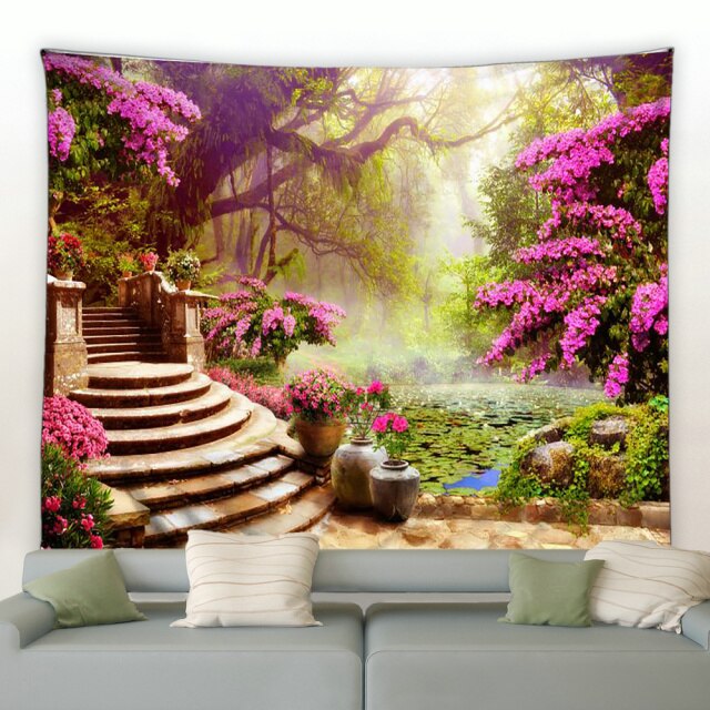 Steps By Tranquil Pond Garden Tapestry - Clover Online