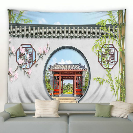 Chinese Building Moongate Garden Tapestry - Clover Online