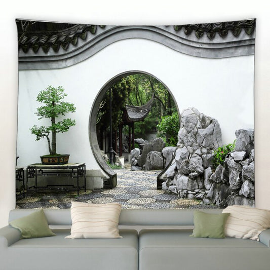Black And White Chinese Style Moongate Garden Tapestry - Clover Online