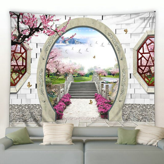 Cherry Blossom Chinese Moongate Garden Tapestry - Clover Online