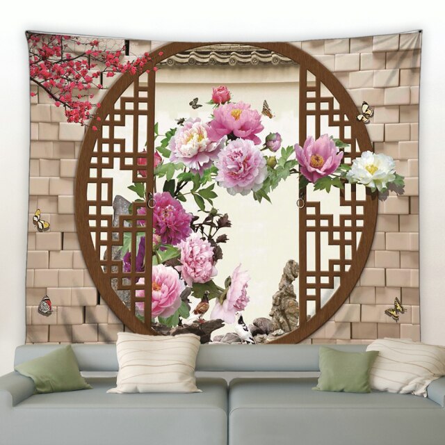 Pink Climbing Rose Chinese Moongate Garden Tapestry - Clover Online