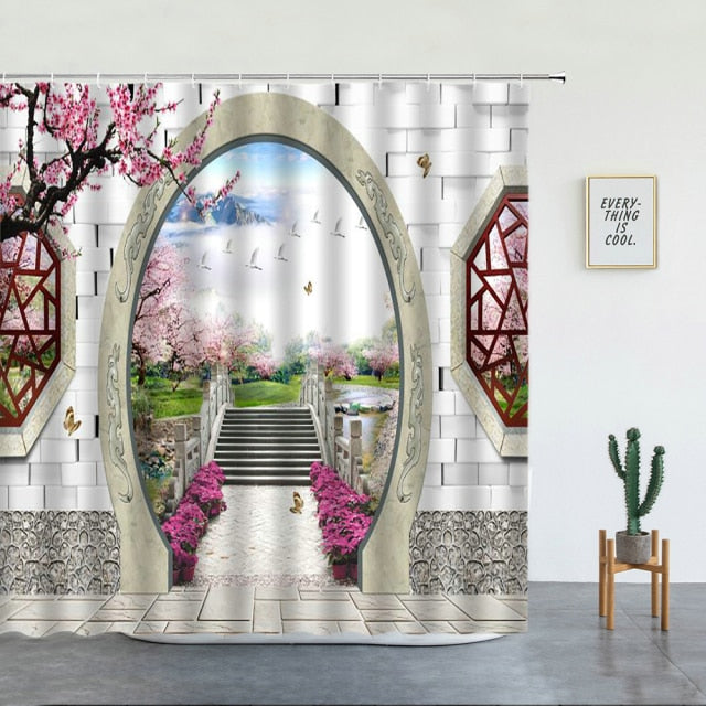 Cherry Blossom Chinese Moongate Garden Shower Curtain - Clover Online