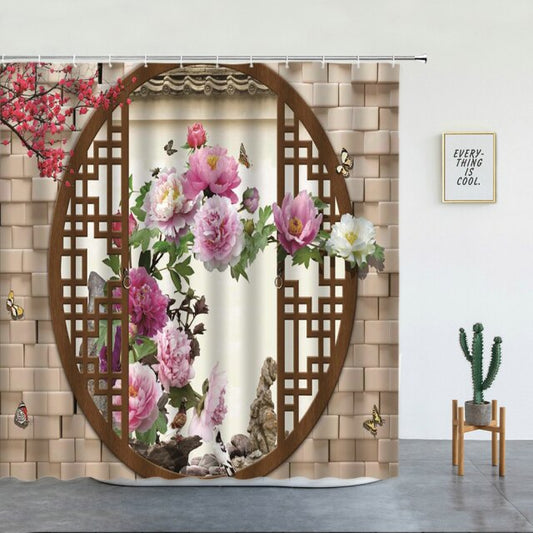 Pink Climbing Rose Chinese Moongate Garden Shower Curtain - Clover Online