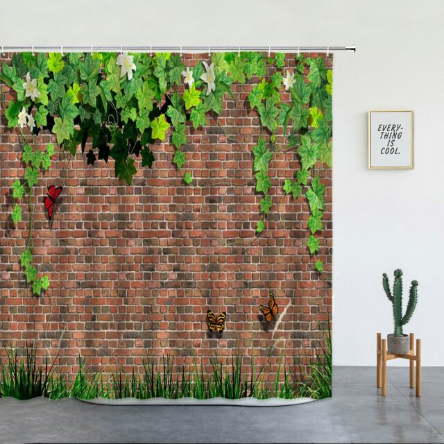 Brick Wall With Grass And Butterflies Garden Shower Curtain - Clover Online