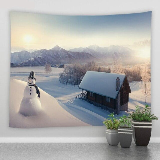 Snowman and Lodge Winter Garden Tapestry - Clover Online