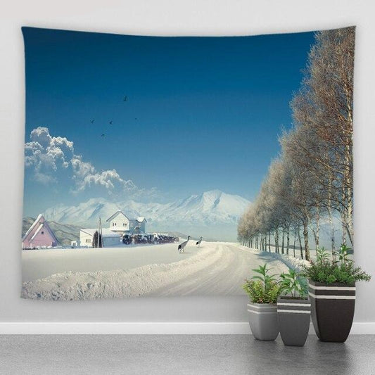 Snowy Mountain Town Winter Garden Tapestry - Clover Online