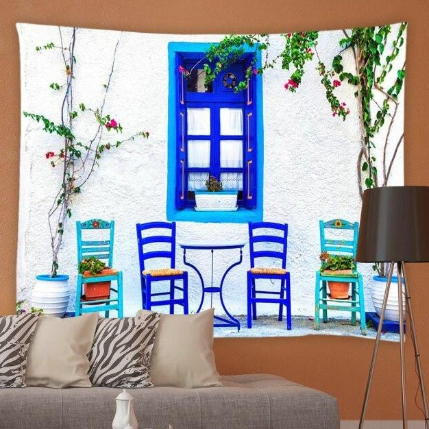 White Building With Blue Furniture Garden Tapestry - Clover Online