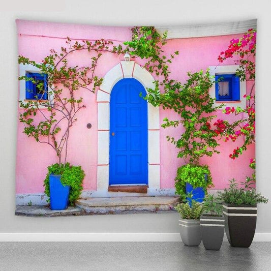 Pink Building With Blue Door Garden Tapestry - Clover Online